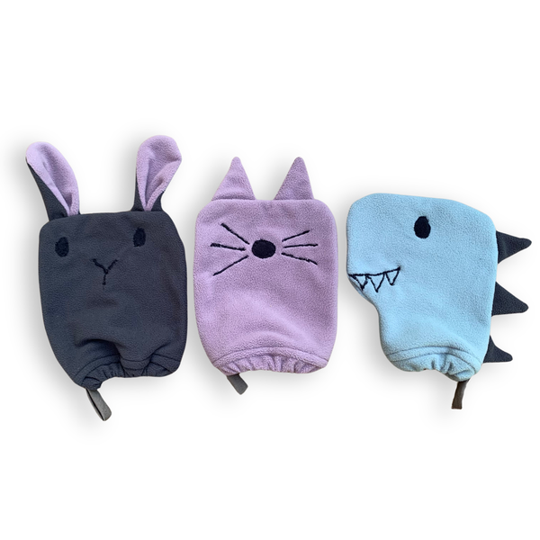 Kid's Animal Wash Cloth Gloves - Cat Dinosaur Bunny - Pack of 3