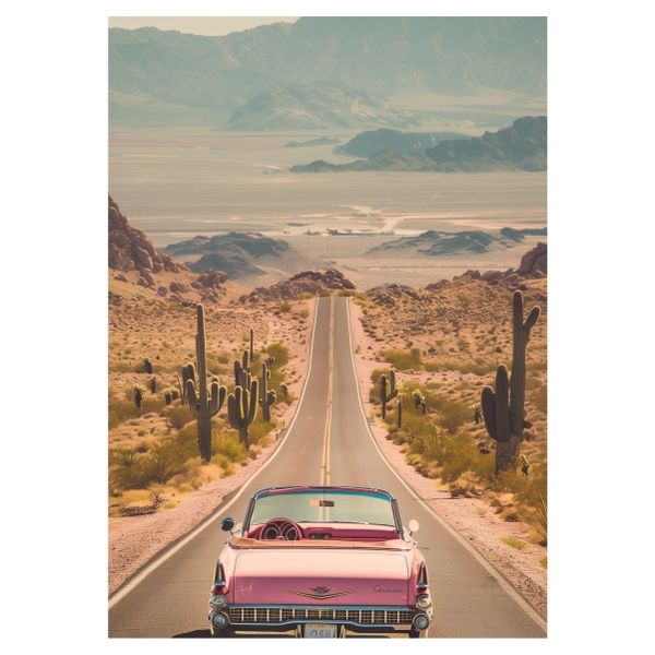 Pink Classic Car On The Road - A1 Poster