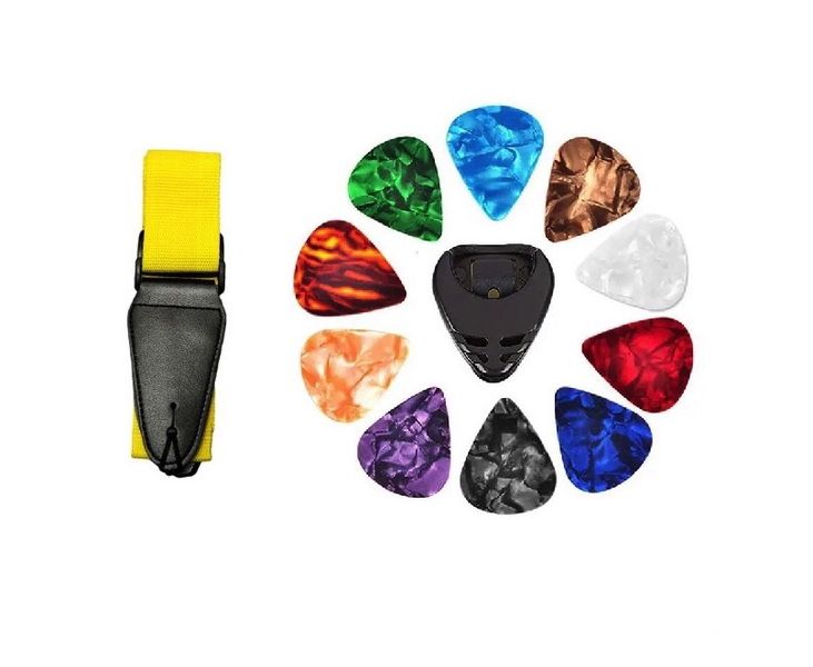 Yellow Guitar Strap With Pick Box and Plectrums