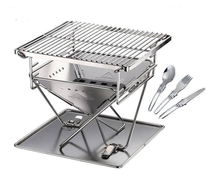 Glamping - Mini Portable Stainless Adjustable Braai Grill + Utensil Set