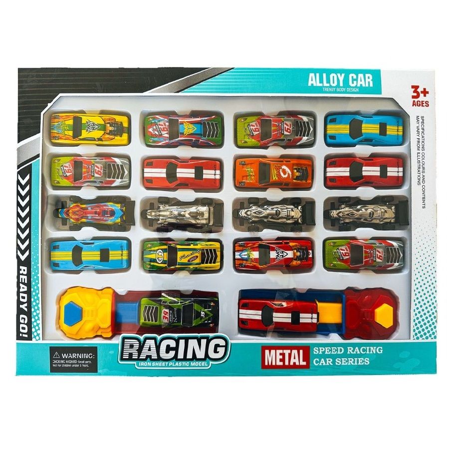 18 Die-Cast Speed Racers + 2 Turbo Launchers - Deluxe Metal Car Racing ...