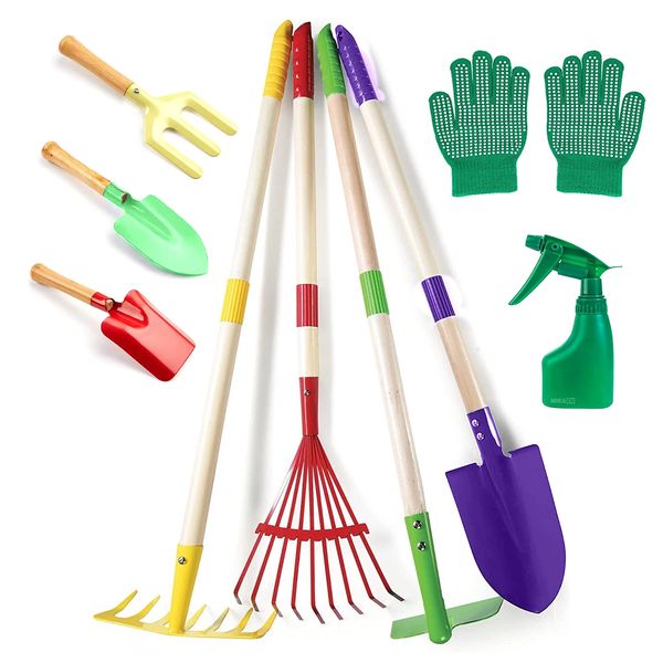 MIkaco Kids Garden Tool Set w/ Wooden Handles-Outdoor Gardening Toy Kit