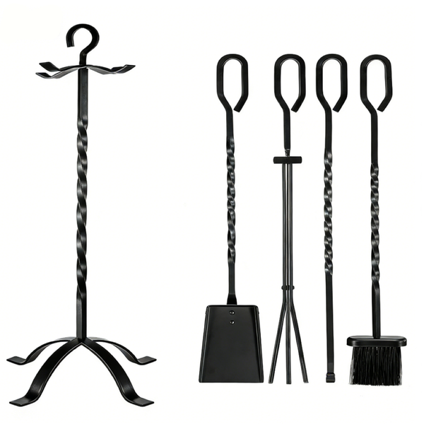 5 Piece Fireplace Tool Accessories Set With Stand Poker Tongs Shovel Broom