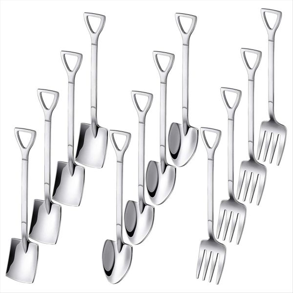 12PCS Dessert Spoons and Forks Set, Shovel Shape Ice Cream Spoons, Mini Sho