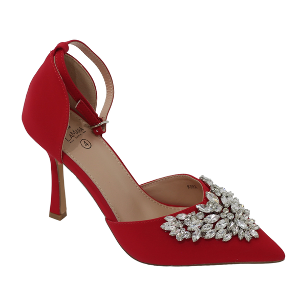 Lamara Paris Kora 10cm Mid Heel Satin PU With V-Shaped Diamante Trim Red