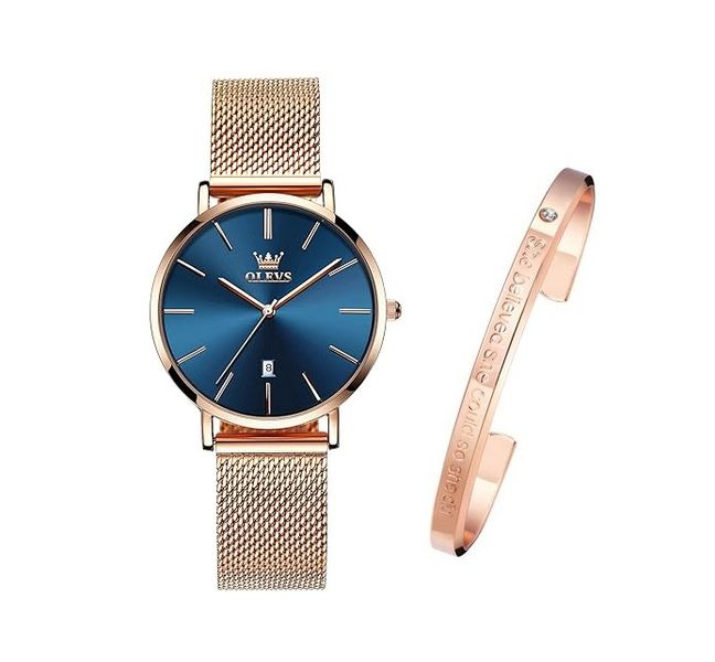 OLEVS Women's Luxury Watch Set - Rose Gold &amp; Blue
