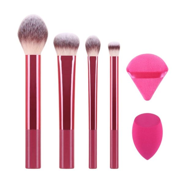 6 Piece Versatile Makeup Brush Kit With Beauty Blender &amp; Powder Puff - Pink