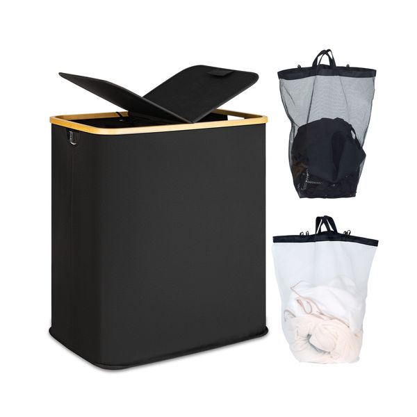Bamboo Double Case Laundry Hamper with Lid &amp; 2 Removable Bags - 140L