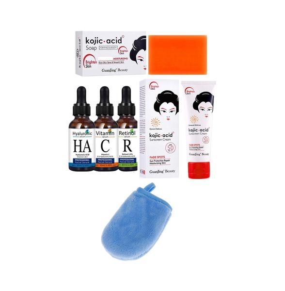 Kojic Acid Sunscreen &amp; Soap, Retinol, Hyaluronic Acid &amp; Vit C Serums &amp; Mitt