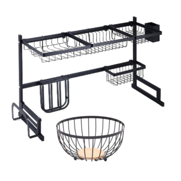 Dansup-Stainless Steel Two Tier Sink &amp; Metal Wood Fruit Basket