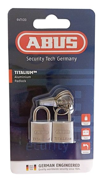 ABUS 64TI/20 -2 Titalium Padlock 20mm Pack of 2 Keyed alike