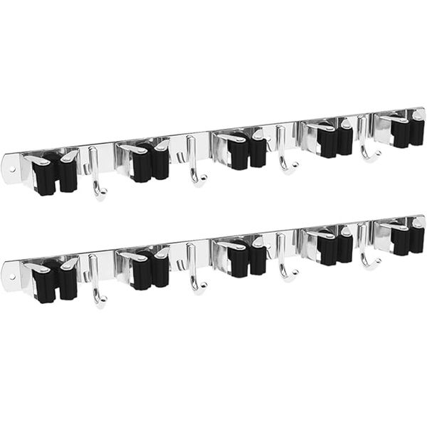 2 Pcs Wall Mount Mop and Broom Hanger with 5 Slots and 4 Hooks, 43x2.9x4CM