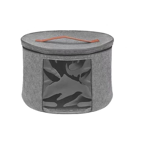 Large Capacity Round Hat Storage Bag Felt Organizer Box-Grey