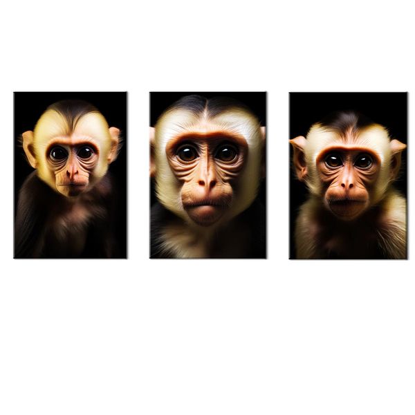 Canvas-Art-3 Pieces Yellow Cute Little Monkey Faces Animals Wall Art