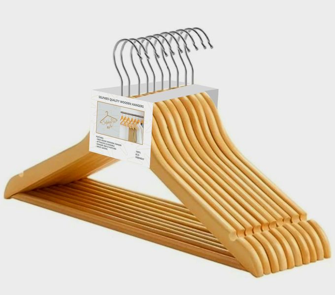 Selphies Quality Wooden Hanger Clothes 10 Packs Non-Slip Bar Swivel Hook