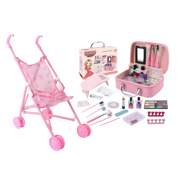 Girls First Make Up Kit With Foldable Baby Doll Stroller Girls Gift -2 Pack