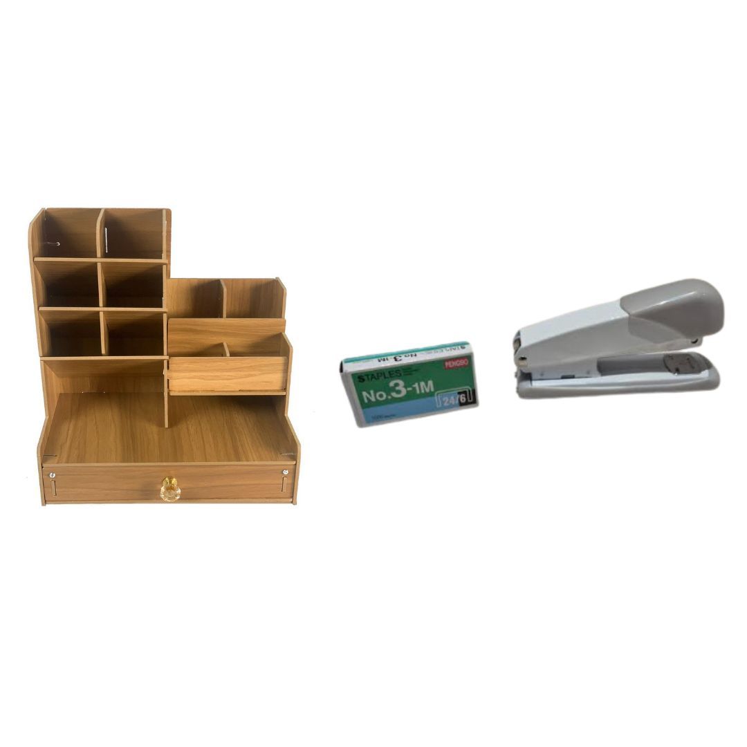 Desktop office stapler staples 1000pcs and wooden desktop organizer