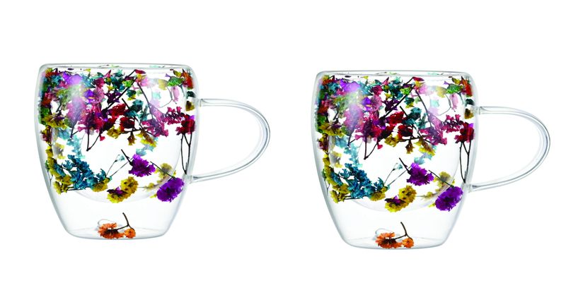 Double Wall Glass Mug with Colourful Dried Flower Design - 2 Pack
