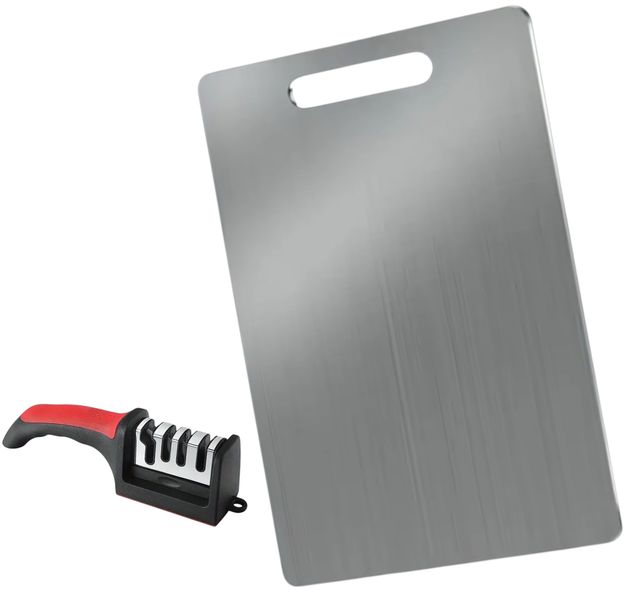 Premium Stainless Steel Chopping Board (39×28cm) + 4-Stage Knife Sharpener
