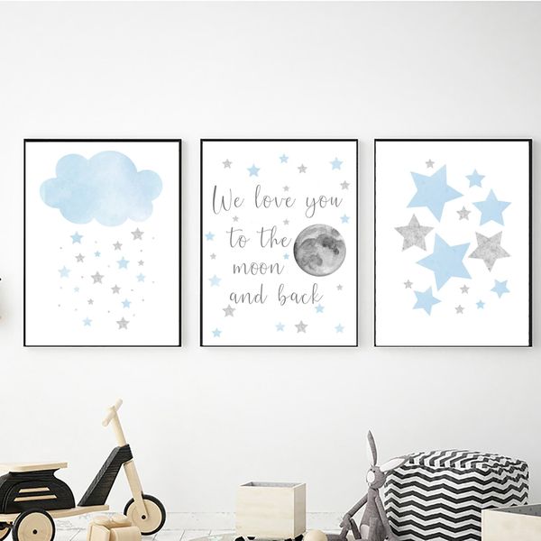 Cloud &amp; Moons in Blue - A3 Canvas -Set Of 3
