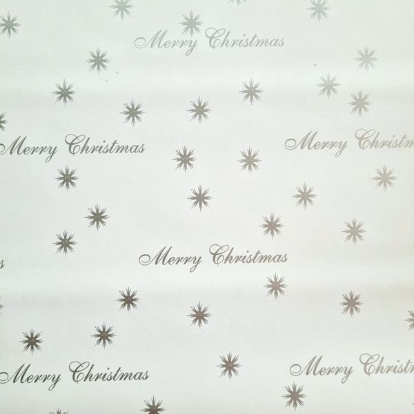 Silver Merry Christmas &amp; Snow Flakes on White -10m