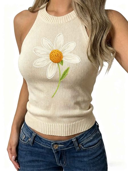 Women's Viscose Round-Neck Camisole with Daisy Print