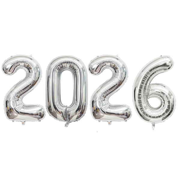 4 Piece Large Metallic Party Decoration 2026 Foil Number Balloons - Silver