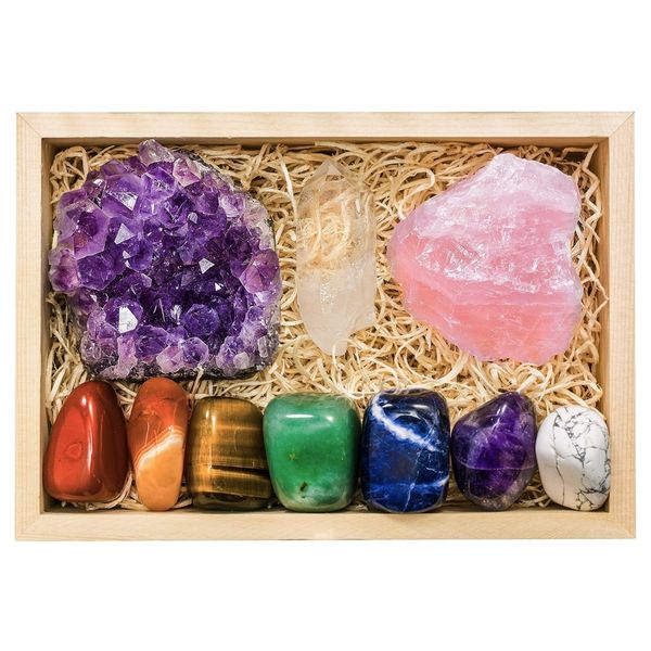 Decor Natural 7 Chakra Healing Crystals &amp; Stones in Wooden Gift Box 15cm