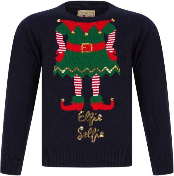 Girls Elfie Selfie Sequinned Christmas Jumper in Ink