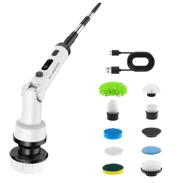GET UNBOXED Long Handle Electric Spin Scrubber Cleaning Brush with 9 Heads