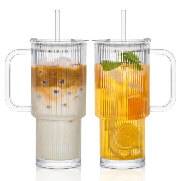 TTBD 540ml Ribbed Glass Tumbler with Handle, Lid &amp; Straw - 2 Pack