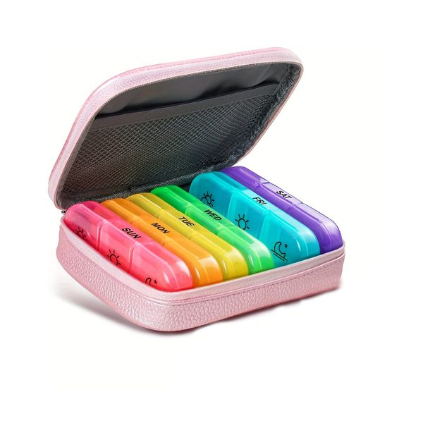 Weekly Pill Organizer with Faux Leather Travel Pouch