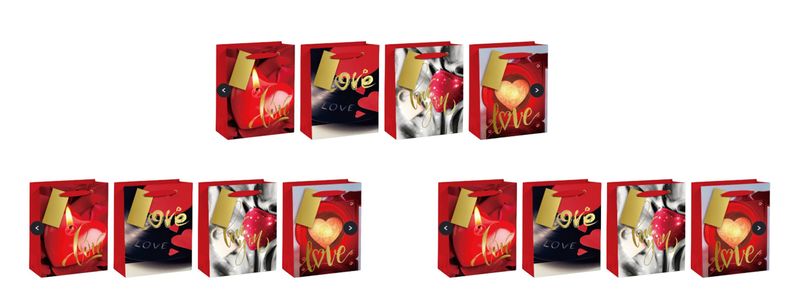 12-Piece Red &amp; Gold Hearts Design Gift Bags Set - 18 × 23 × 10cm.