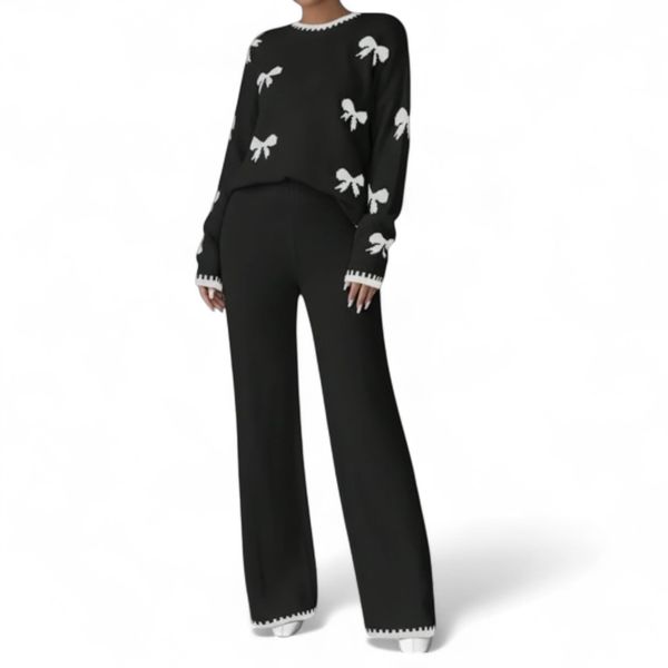Two Piece Bowknot Contrast Woolen Loose Tracksuit Black