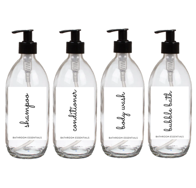 Glass Bottle Dispenser 4 Piece Set - Refillable 500ml - MadeinSA - CLR/BLK