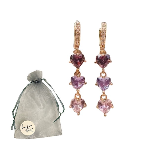 Golden Dangle Earrings - Pink &amp; Purple Drop Hearts - Lavish Co