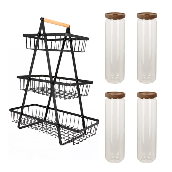 Wire and Wood 3 Tier Fruit basket with x4 1.5L Acacia Glass Canisters