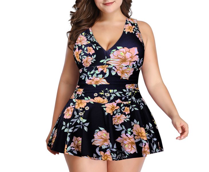 Olive Tree - Ladies Plus-Size 2-Piece Tummy Control Swimdress-BlackFloral