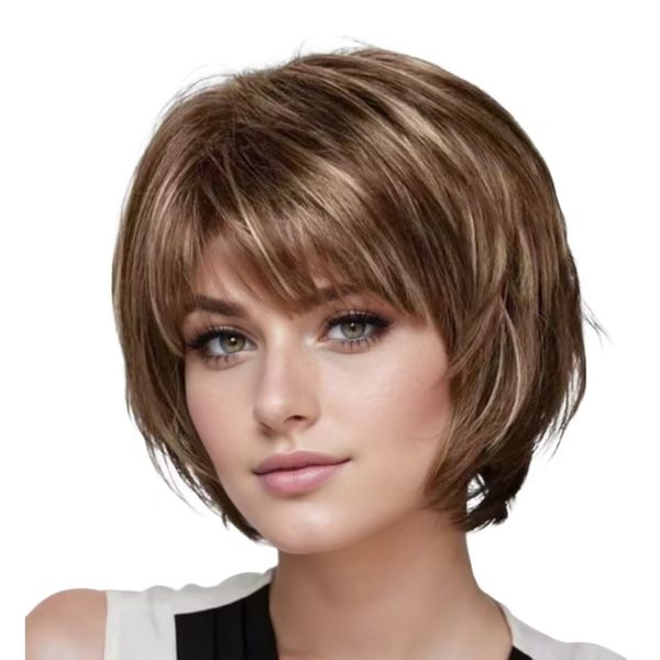 Women's Fluffy Side Bangs Short Straight Hair-Brown