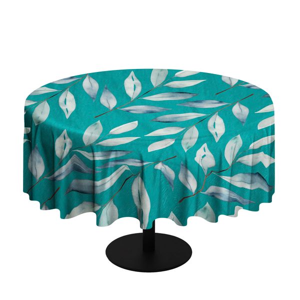 Teal Waterpainted Dryed Leaves Round Tablecloth