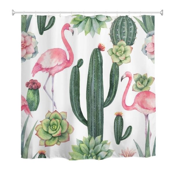 Shower Curtain Modern Custom Design - Cactus and Flamingo