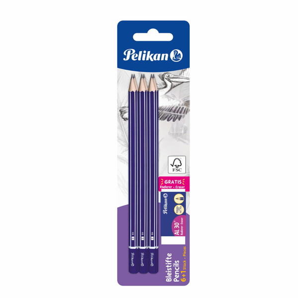 Pelikan Pencil Set - 6 HB Graphite Pencils &amp; AL30 Eraser - School &amp; Office