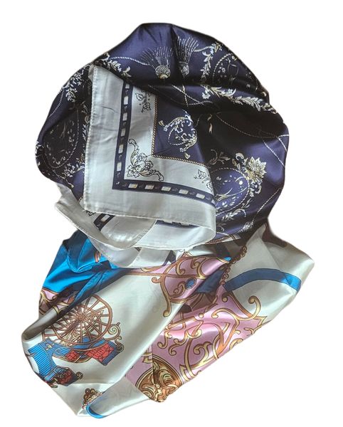 Scarf shiny and silky with designs - 2 pieces Navy blue and light pink