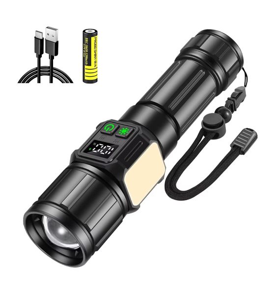 Rechargeable Flashlight Waterproof LCD Digital Display and Side Lights
