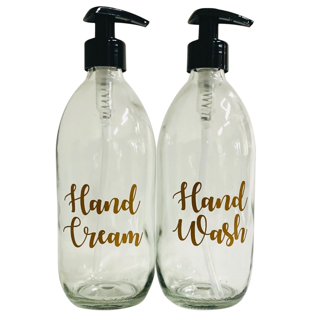 Clear Glass Dispenser Bottle 500ml Empty with Pump Gold Label (Set of