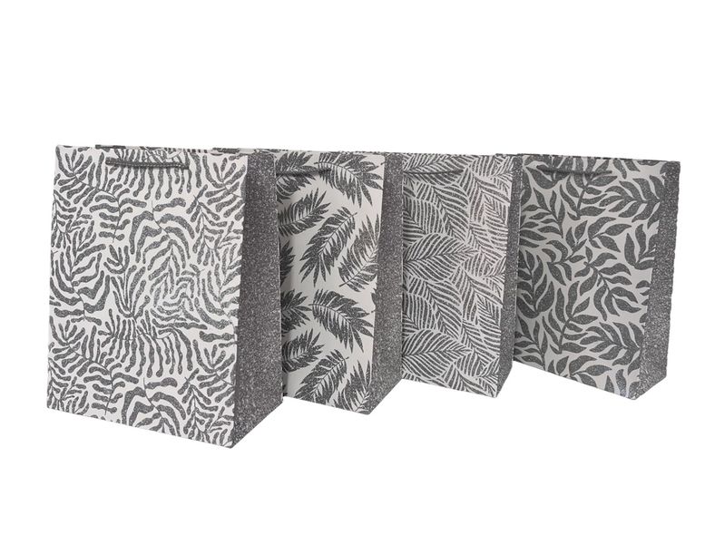 Elegant Gift Bags with Silver Glitter Leaf Design, 4 Patterns, 32×26×12cm