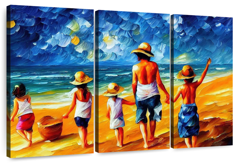 Canvas Art - Kids At Beach 3 Piece Abstract Painting Canvas Wall Art