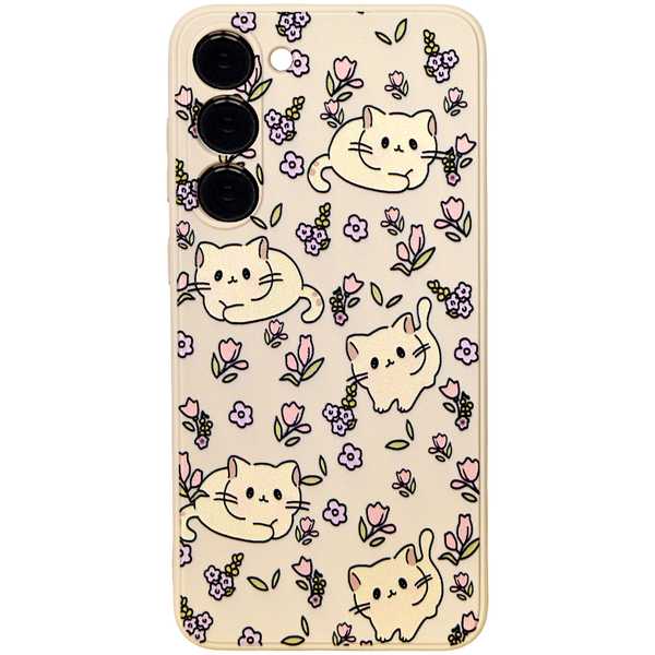 Light Beige Phone Case with Cats &amp; Flowers - compatible with Samsung S23+
