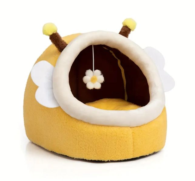 Cozy Bee-Themed Cat Plush Cave with Hanging Toy