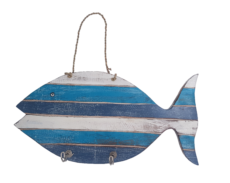 Wood Fish Hanger Blue Stripes- 2 Hooks - 40x20cm